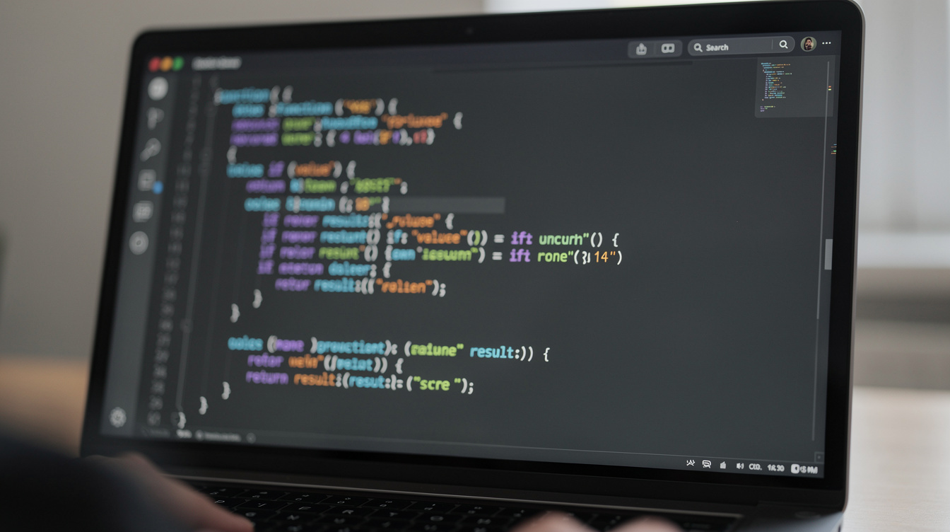 Code editor interface with colourful syntax highlighting on a laptop screen