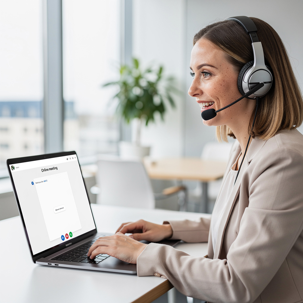 Support advisor smiling while talking on a headset at a desk